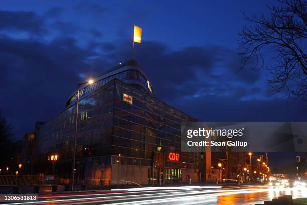 The party headquarters of the German Christian Democrats stands at twlight on March 11, 2021 in Berlin, Germany. The CDU is struggling to deal with...