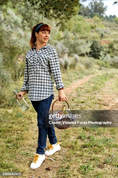 a woman with a basket of fruit in a easter picnic - paisaje no urbano stock-fotos und bilder