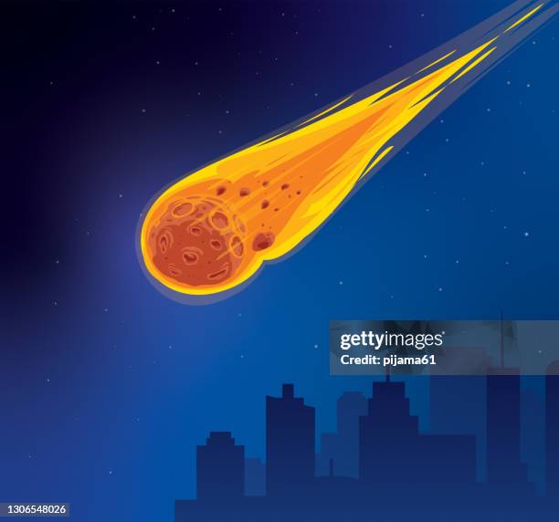 stockillustraties, clipart, cartoons en iconen met dalende asteroïde op stad - comet