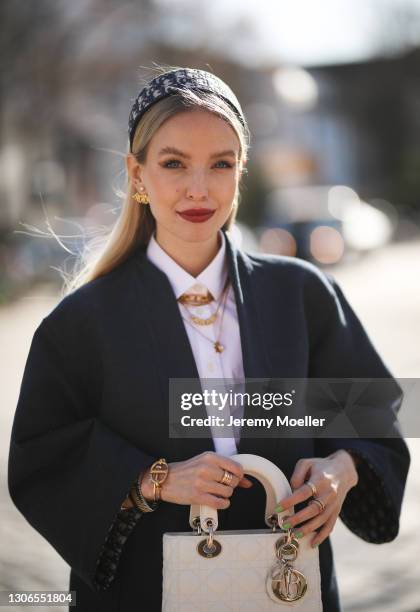 Leonie Hanne wearing a full Dior look on March 08, 2021 in Hamburg, Germany.