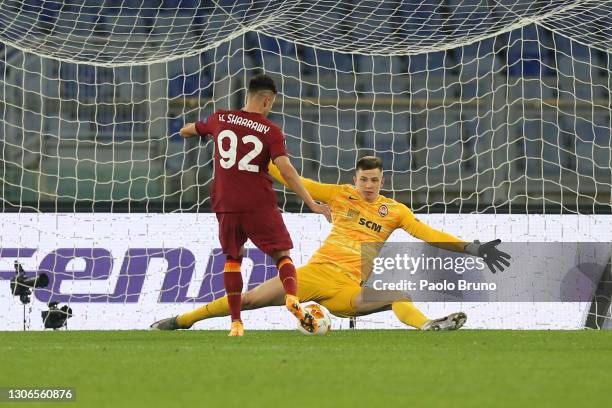 Stephan El Shaarawy of A.S Roma scores their side's second goal past Anatoliy Trubin of Shakhtar Donetsk during the UEFA Europa League Round of 16...