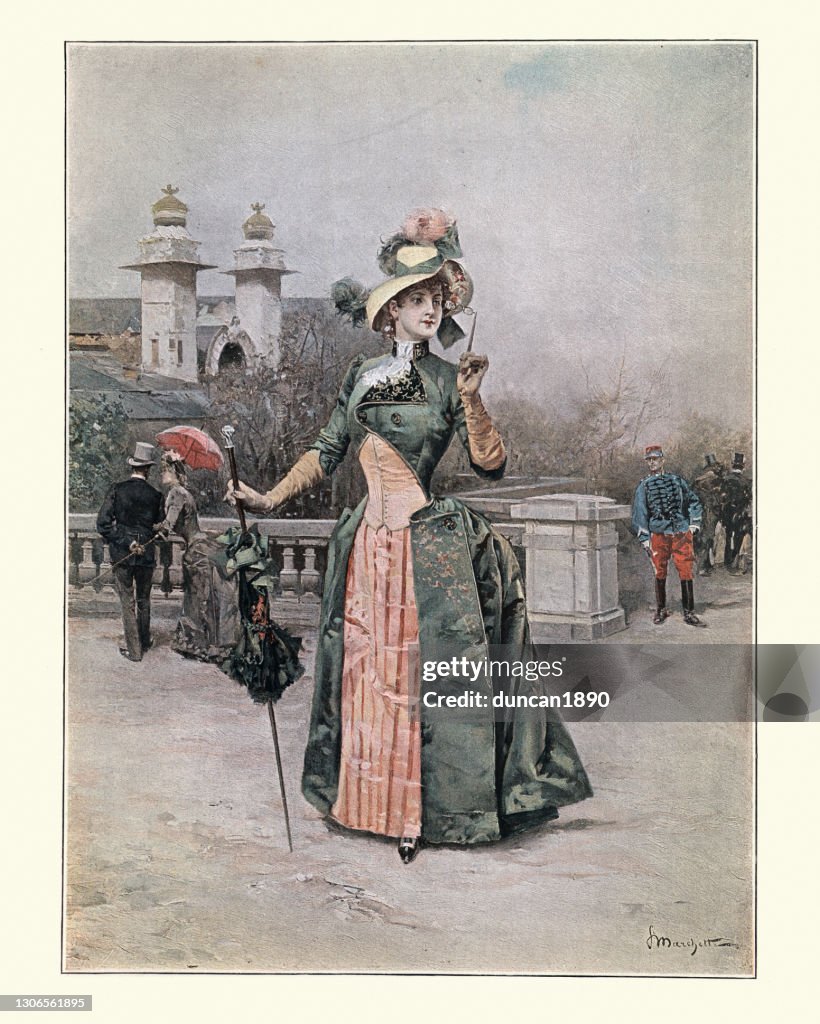 Moda de una mujer francesa, victoriana, década de 1880, siglo XIX