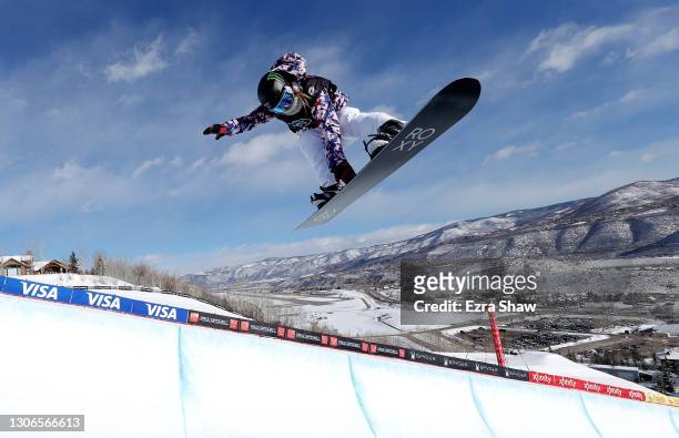 Chloe Kim of the United States competes in the women's snowbaord halfpipe qualifications during Day 2 of the Aspen 2021 FIS Snowboard and Freeski...