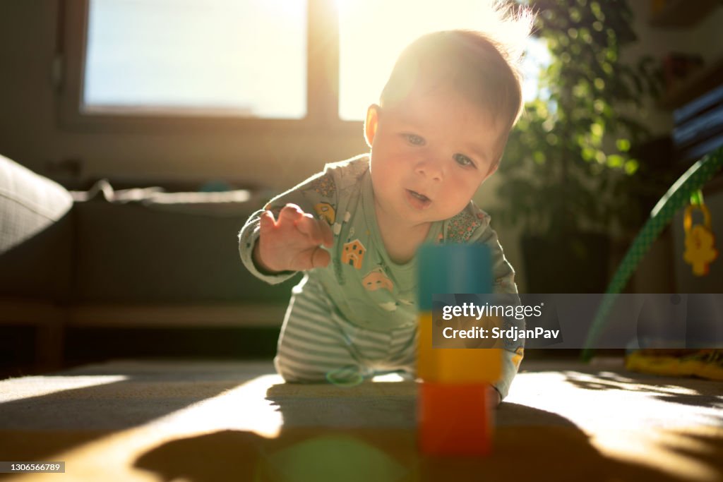 Front view of an excited baby boy reaching for toy blocks on the floor