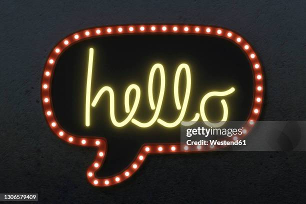 illuminated speech bubble on black wall - neon speech bubble stock-fotos und bilder