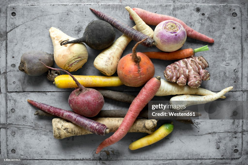 Raw vegetables lying on gray wooden surface
