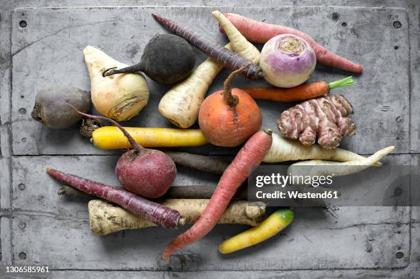 raw vegetables lying on gray wooden surface - beterraba tubérculo imagens e fotografias de stock