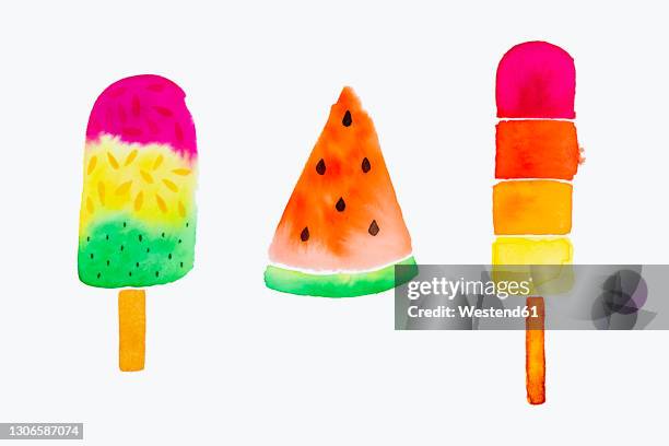 ice cream bars and watermelon painted with watercolor on white paper - speiseeis stock-grafiken, -clipart, -cartoons und -symbole