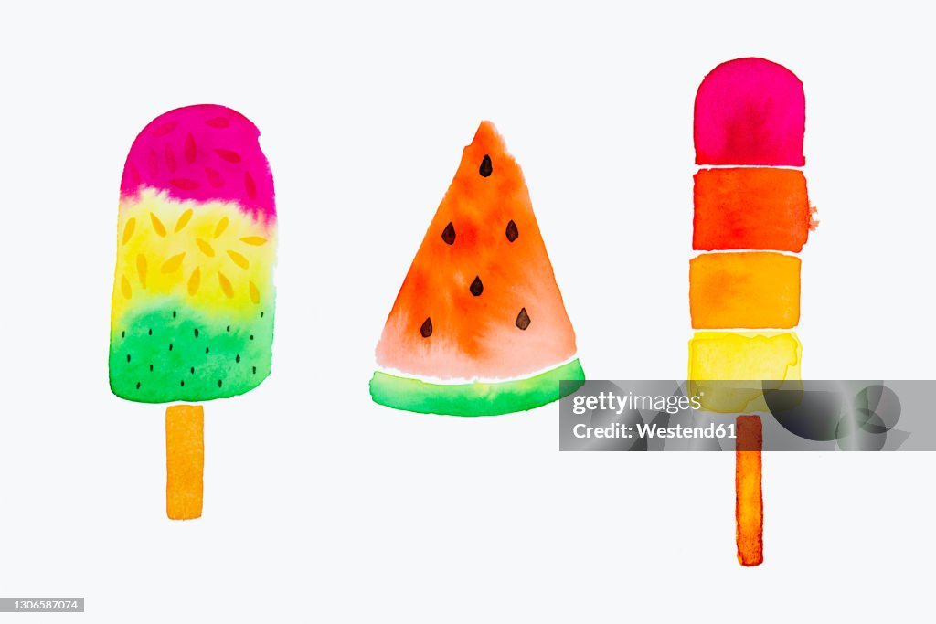 Ice cream bars and watermelon painted with watercolor on white paper
