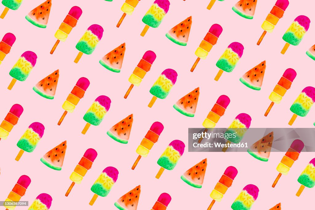 Painting of ice cream bars and watermelons slices on pink background