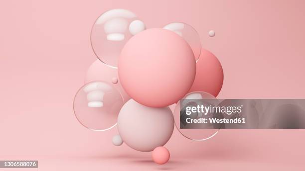 stockillustraties, clipart, cartoons en iconen met three dimensional render of pastel colored bubbles floating against pink background - grote groep dingen