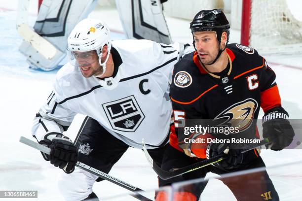 Anze Kopitar of the Los Angeles Kings and Ryan Getzlaf of the Anaheim Ducks battle for position during the third period of the game at Honda Center...