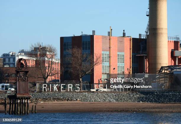 Sign marks the location of the Rikers Correctional Center in the East River on March 9, 2021 in New York City.
