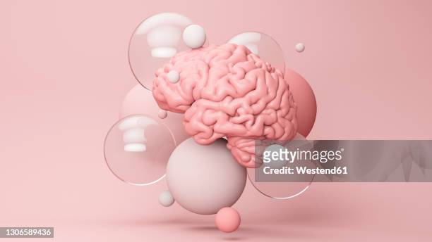 three dimensional render of human brain floating amid various bubbles - magenta stock-grafiken, -clipart, -cartoons und -symbole