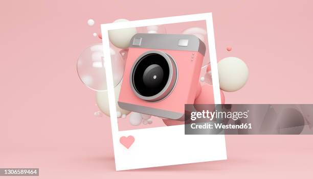 three dimensional render of picture of old-fashionedcamera floating with various bubbles against pink background - pink background stock illustrations