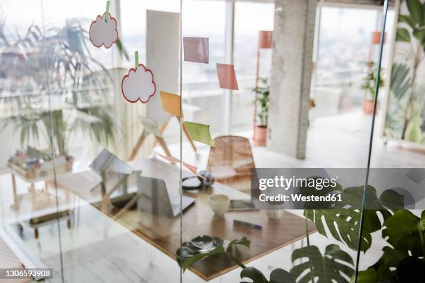 adhesive notes on glass wall at office - office still life stock pictures, royalty-free photos & images