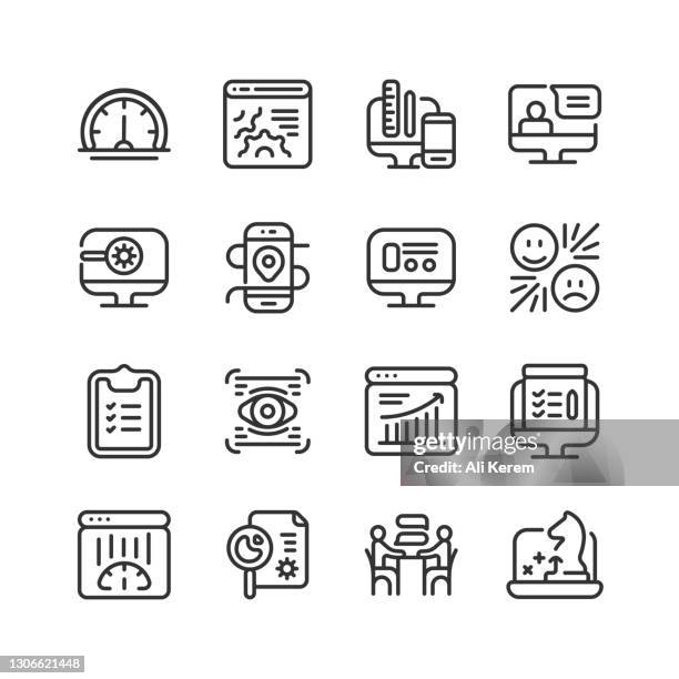 user experience, usability, functional analysis, feedback, development, task analysis icons - computer working close up stock illustrations
