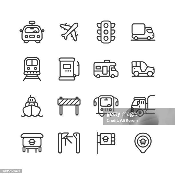 taxi, airplane, traffic lights, truck, roadwork icons - bus station stock illustrations