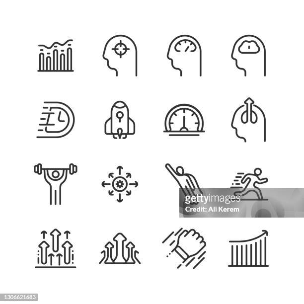 performance, focusing, mental performance, speed, strength icons - try scoring stock illustrations