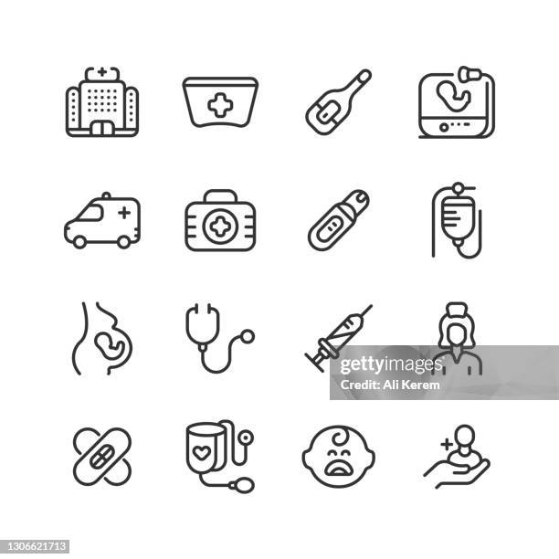 krankenschwester-hebamme, krankenhaus, embriyo, krankenwagen, schwangerschaftstest icons - am ali screening stock-grafiken, -clipart, -cartoons und -symbole