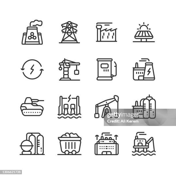 nuclear plant, transmission tower, power plant, factory production, construction industry icons - communications tower editable stock illustrations