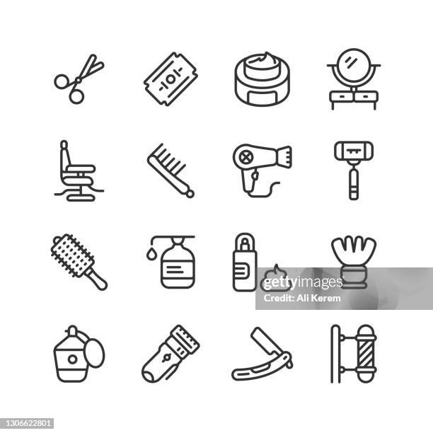 stockillustraties, clipart, cartoons en iconen met kapperszaak, kappersstoel, kam, haardroger, scheermesje, haarpictogrammen - barbershop