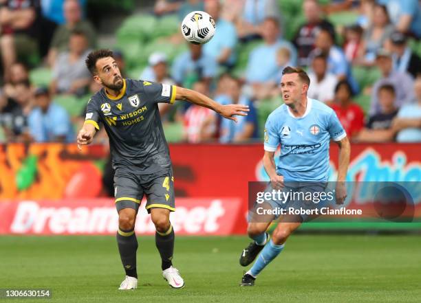 Benat Etxebarria of Macarthur FC heads the ball during the A-League match between Melbourne City and Macarthur FC at AAMI Park, on March 12 in...