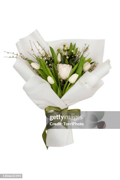 spring floristic bouquet in white colors isolated on white background - bouquet stock-fotos und bilder