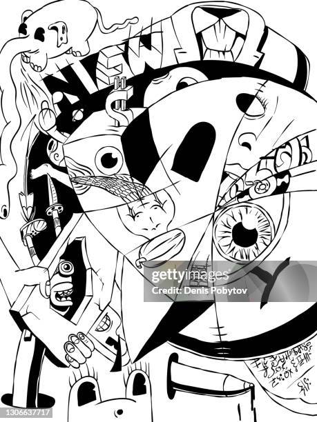 surreal black and white cartoon illustration of doodles. - monster face drawing stock illustrations
