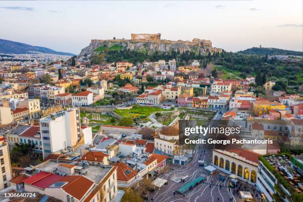 aerial photo of monastiraki square and the acropolis of athens, greece - plaka stock pictures, royalty-free photos & images