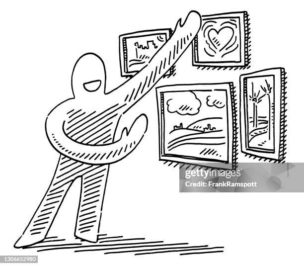 human figure presenting art drawing - museum interior stock illustrations