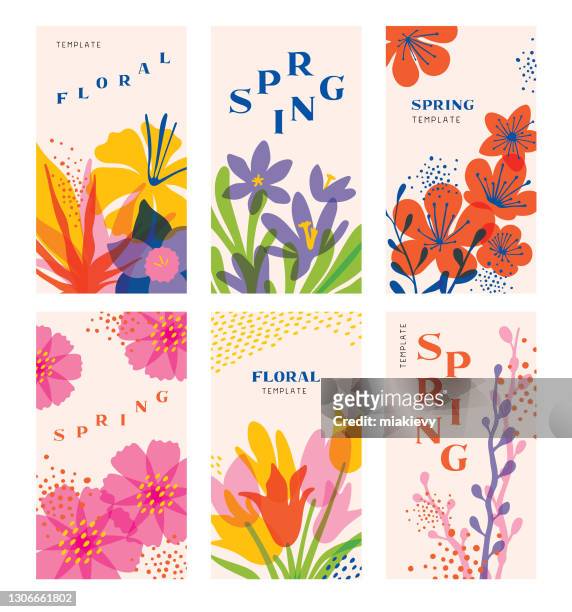 ilustraciones, imágenes clip art, dibujos animados e iconos de stock de conjunto de plantillas florales de primavera - flores