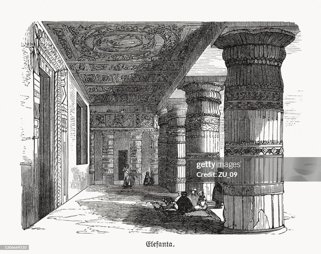 Grotttempel på Elephanta Island, Indien, trägravyr, publicerad 1893