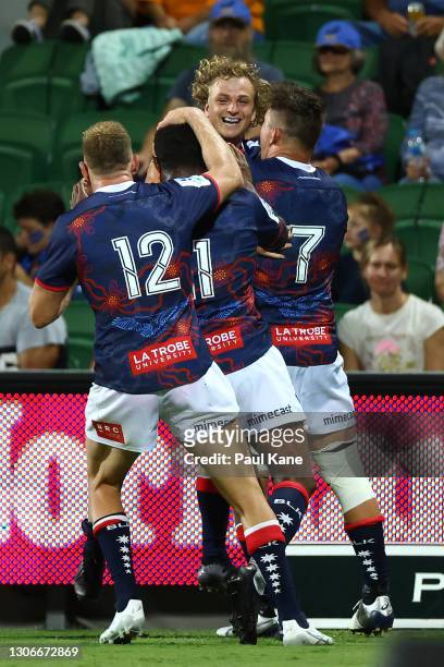 Joe Powell of the Rebels celebrates after crossing for a try during the round four Super RugbyAU match between the Western Force and the Melbourne...