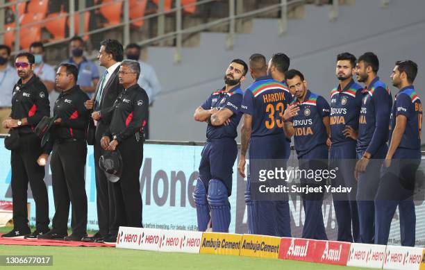 Virat Kohli of India looks on ahead of the 1st T20 International match between India and England at Sardar Patel Stadium on March 12, 2021 in...