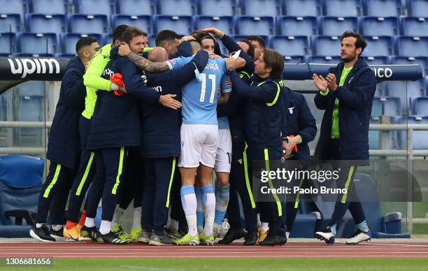 Luis Alberto of S.S. Lazio celebrates with Joaquin Correa and team mates after scoring their side's second goal during the Serie A match between SS...