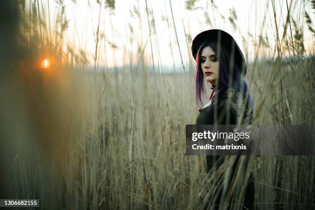 female witch in the field - wicca stock pictures, royalty-free photos & images