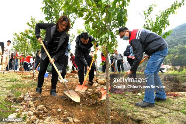 People from the Chinese mainland and Taiwan participate in a voluntary afforestation campaign on China's 43rd Tree-Planting Day on March 12, 2021 in...