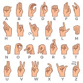 Deaf-mute language. American deaf mute hand gesture alphabet letters, asl vector symbols