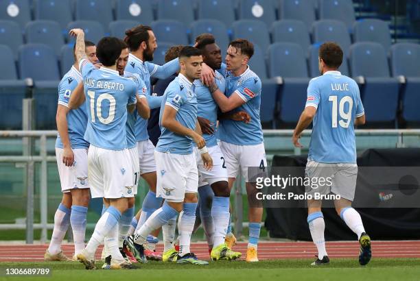 Felipe Caicedo of S.S. Lazio celebrates with Patric and team mates after scoring their side's third goal during the Serie A match between SS Lazio...