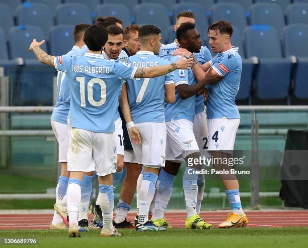 Felipe Caicedo of S.S. Lazio celebrates with Patric and team mates after scoring their side's third goal during the Serie A match between SS Lazio...