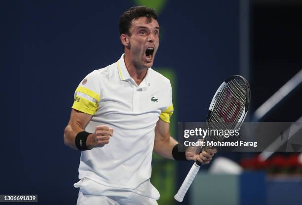 Roberto Bautista Agut of Spain reacts to winning a point during the Semi-final match between Roberto Bautista Agut and Andrey Rublev on Day Five of...