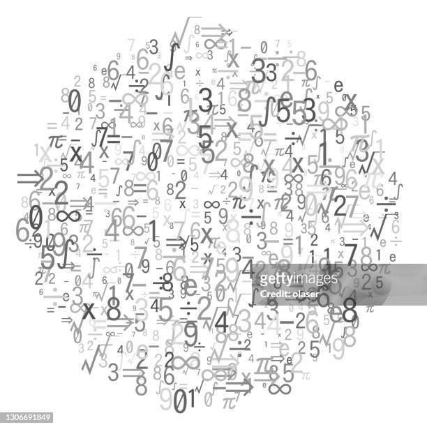 illustrazioni stock, clip art, cartoni animati e icone di tendenza di simboli matematici casuali e cifre in scala di grigi, forma cerchio - formula