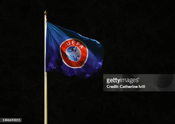 Detailed view of UEFA flag flying during the Barclays FA Women's Super League match between Birmingham City Women and Everton Women at St George's...