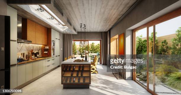 modern open concept domestic kitchen - sliding door stock pictures, royalty-free photos & images