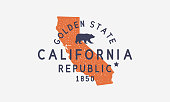 California State logo, emblem, label. The Golden State. Print for T-shirt, typography. USA California vintage design. California map. San Francisco, San Diego, Los Angeles emblem. Vector illustration
