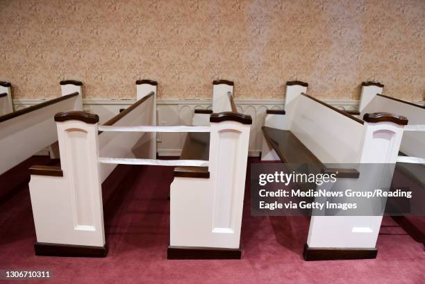 Pews in the funeral home with every other row blocked off, to encourage social distancing. At the Milkins Trymbiski Funeral Home on Kutztown Road in...