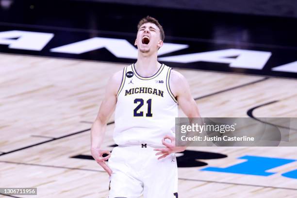 Franz Wagner of the Michigan Wolverines celebrates after making a three pointer in the game against the Maryland Terrapins during the second half in...