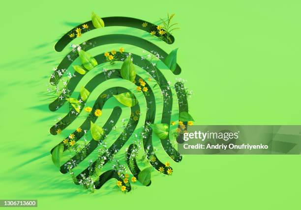 green fingerprint shape with leaves and flowers. - climate stock-fotos und bilder