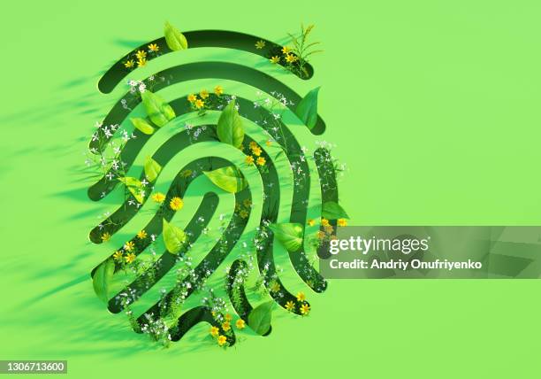 green fingerprint shape with leaves and flowers. - social change stock pictures, royalty-free photos & images